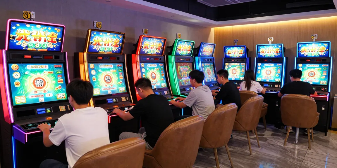Pemain asyik menikmati Mahjong Ways di ruang permainan modern dengan cahaya LED dan mesin slot berwarna cerah.