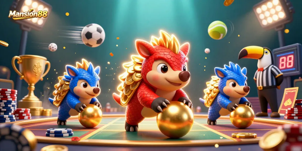 Mansion88 pangolins compete in a vibrant casino scene surrounded by sports elements and poker chips.