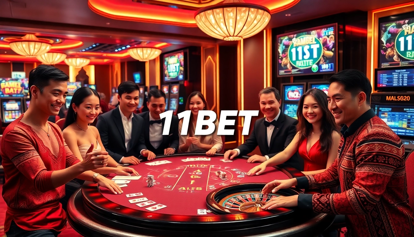 Players enjoying a vibrant gaming experience at 11BET casino tables with colorful chips and cards.