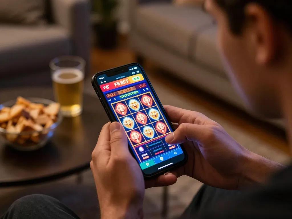 Player engaging with F8 BET mobile casino app, showcasing exciting games in a cozy setting