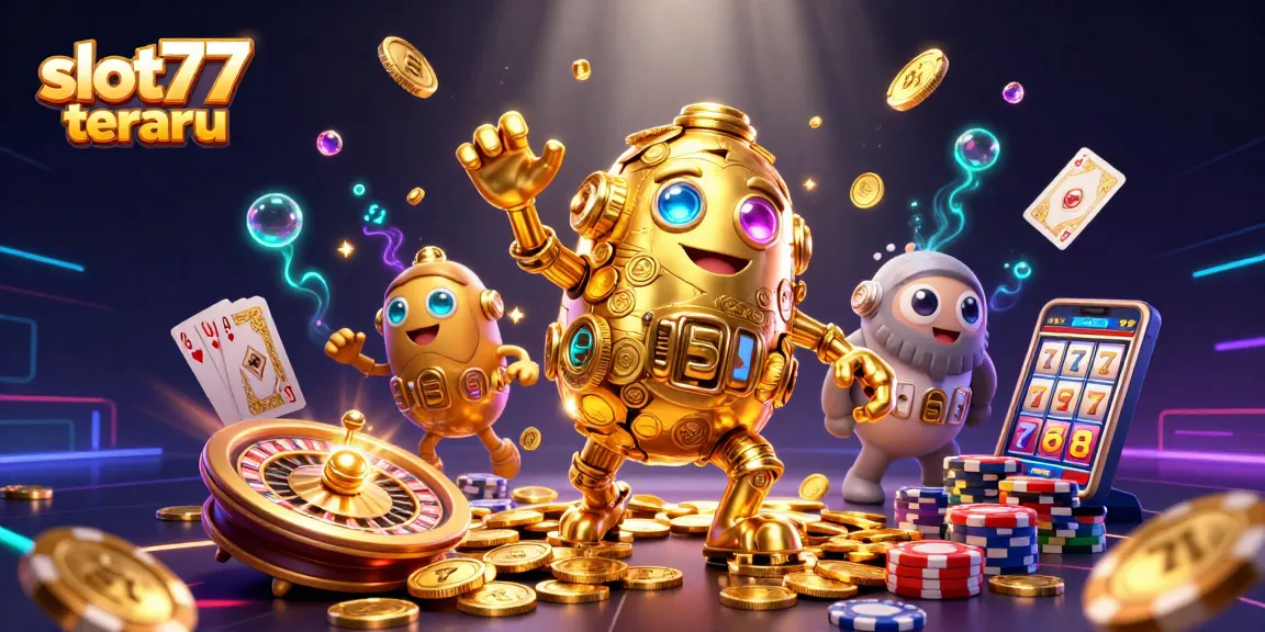 A dynamic representation of slot77 terbaru, showcasing exciting casino elements and a gold golem amidst cascading treasures.