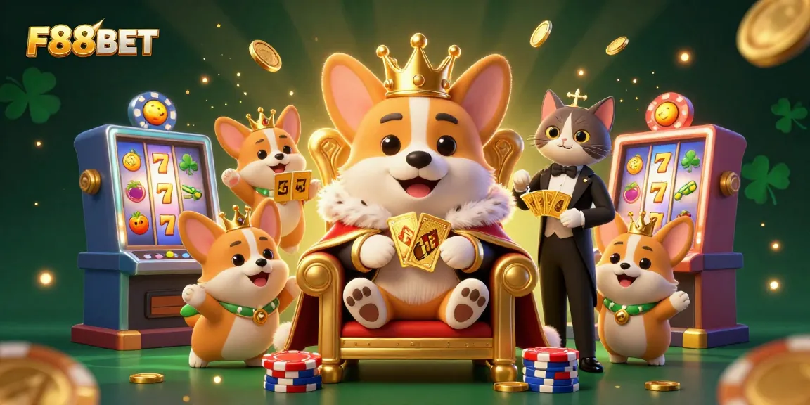 Experience vibrant slots at F88BET with a crowned corgi and enchanting casino elements.