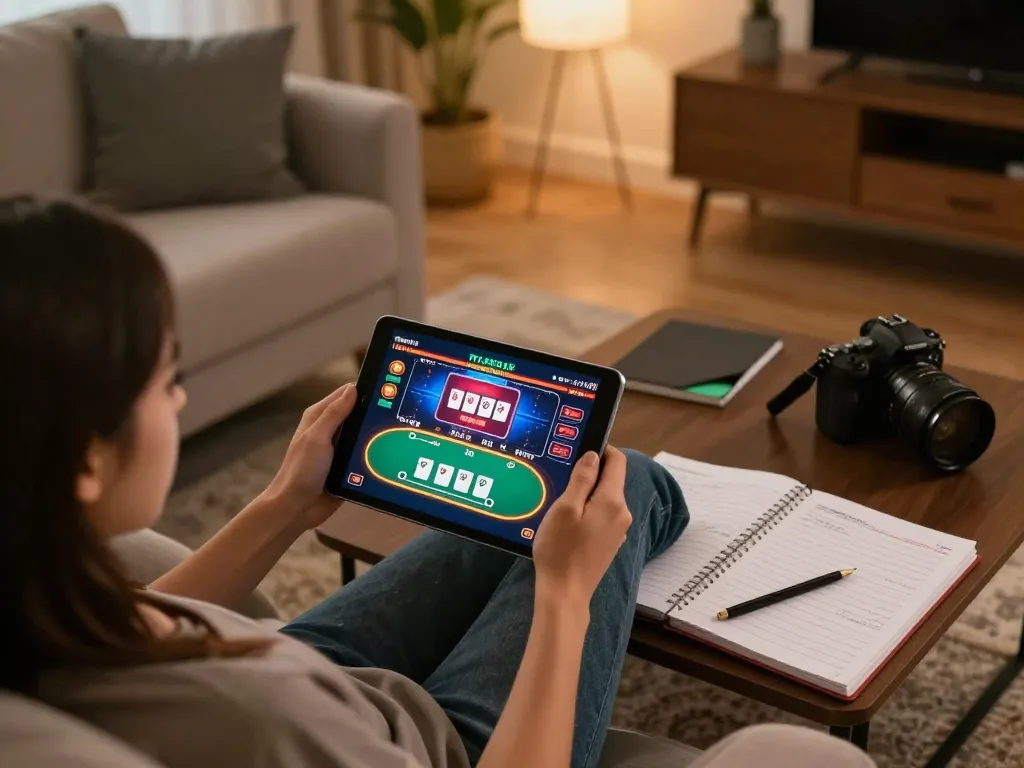 Person engaging with kuwin online casino game on a tablet, enhancing home gaming experience.