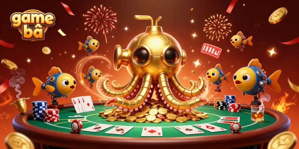 Experience thrilling game bài action with a golden kraken submarine amidst poker elements and energetic atmosphere.