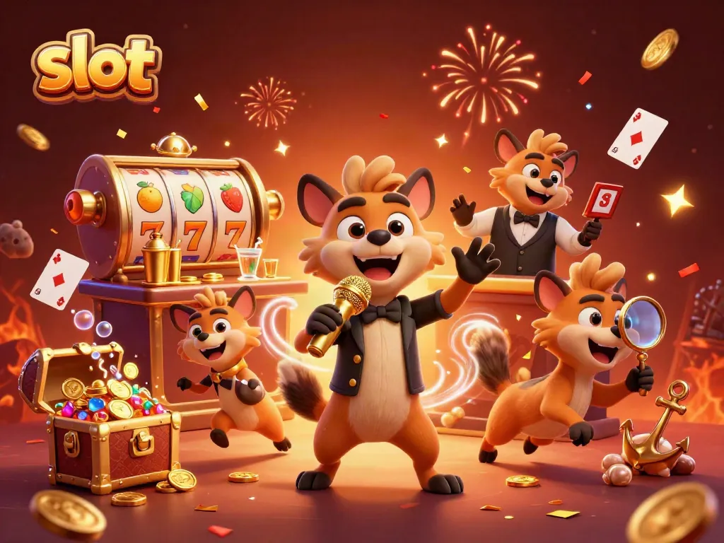 Slot machines come alive in a vibrant comedy casino scene with hyenas entertaining guests.