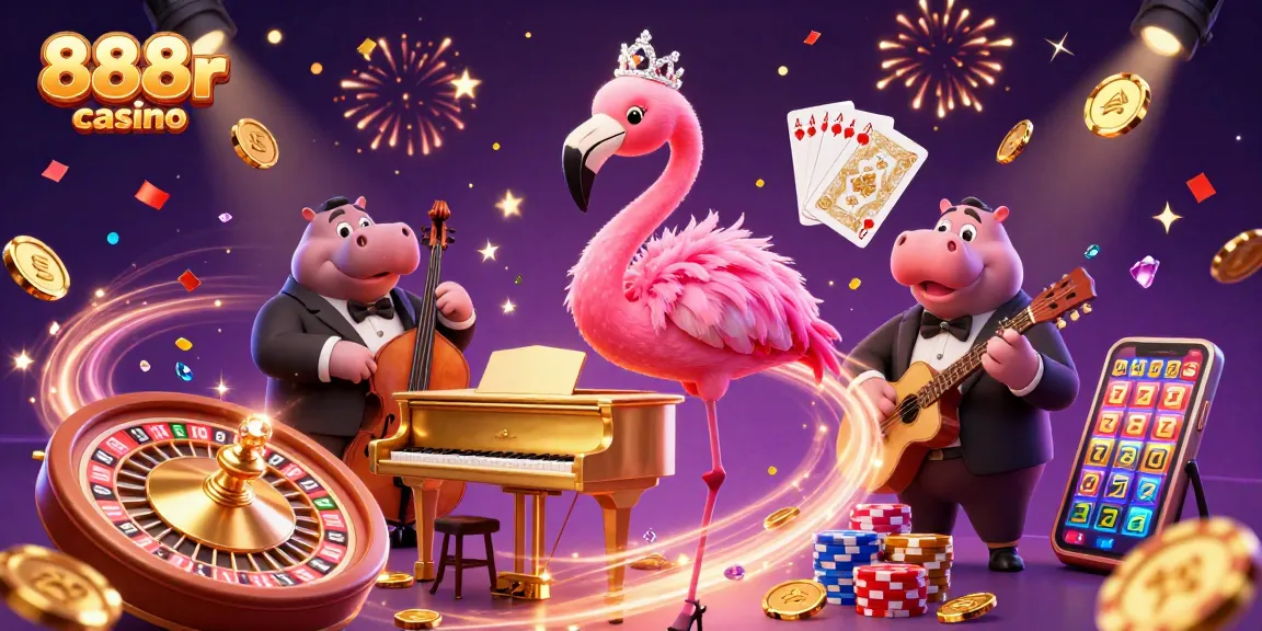 Experience the vibrant atmosphere of 888r casino with lively performers, coins, and festive elements.