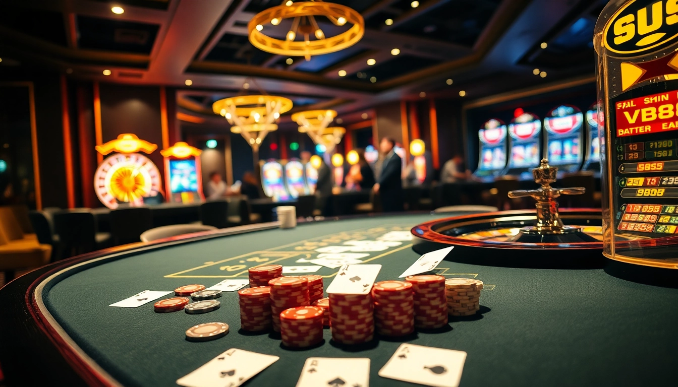 Engage in luxury gambling at VB88 casino with vibrant poker tables and exciting slot machines.