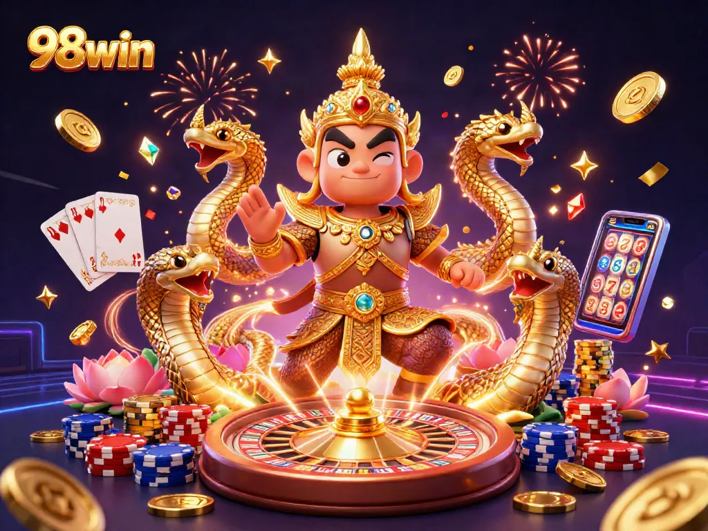 Engage with 98win's dynamic casino scene featuring vibrant guardians and game elements.