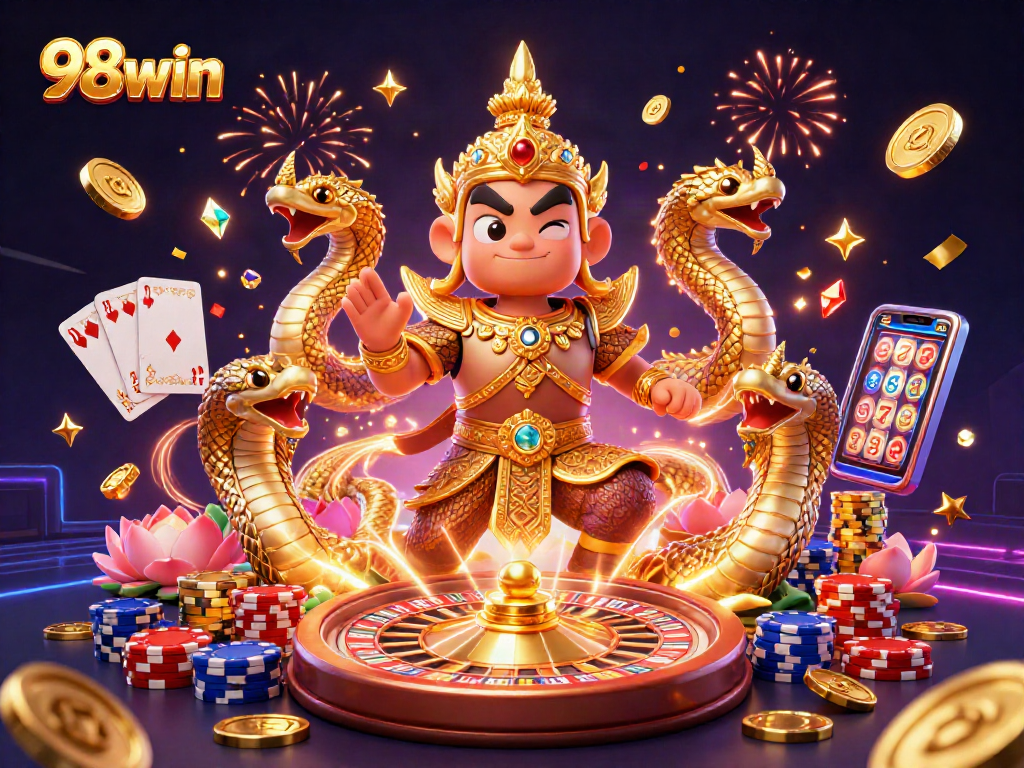 Engage with 98win's dynamic casino scene featuring vibrant guardians and game elements.