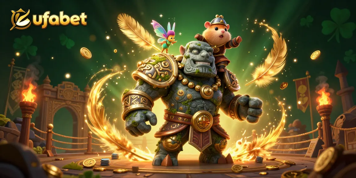 Experience the excitement of ufabet with a dynamic scene featuring a guardian golem, a fairy, and a hamster knight.