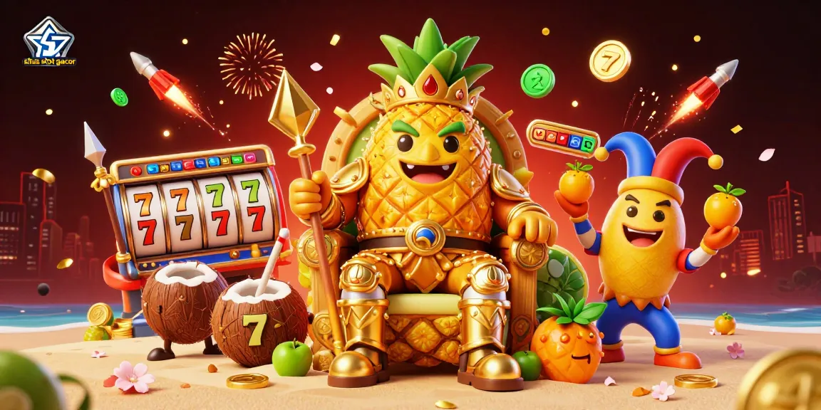 Situs slot gacor offers thrilling jackpot excitement with a cartoon pineapple king at a vibrant casino.