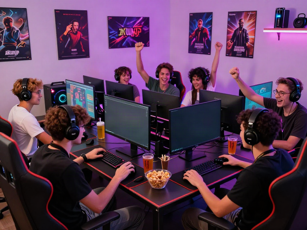 Group celebrating a win in akunjp-themed online gaming setup with neon lights