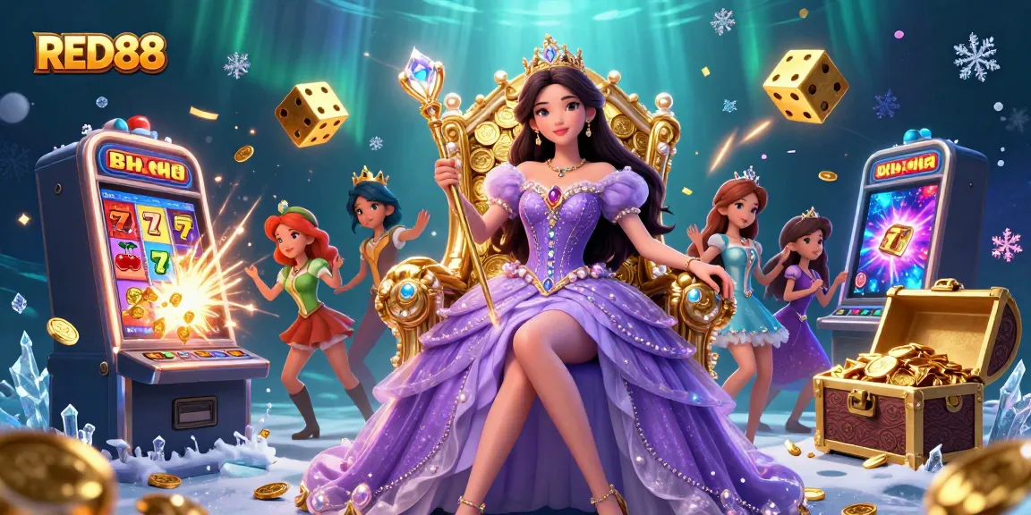 Experience exciting gambling at RED88 with a regal princess among slot machines and treasures.