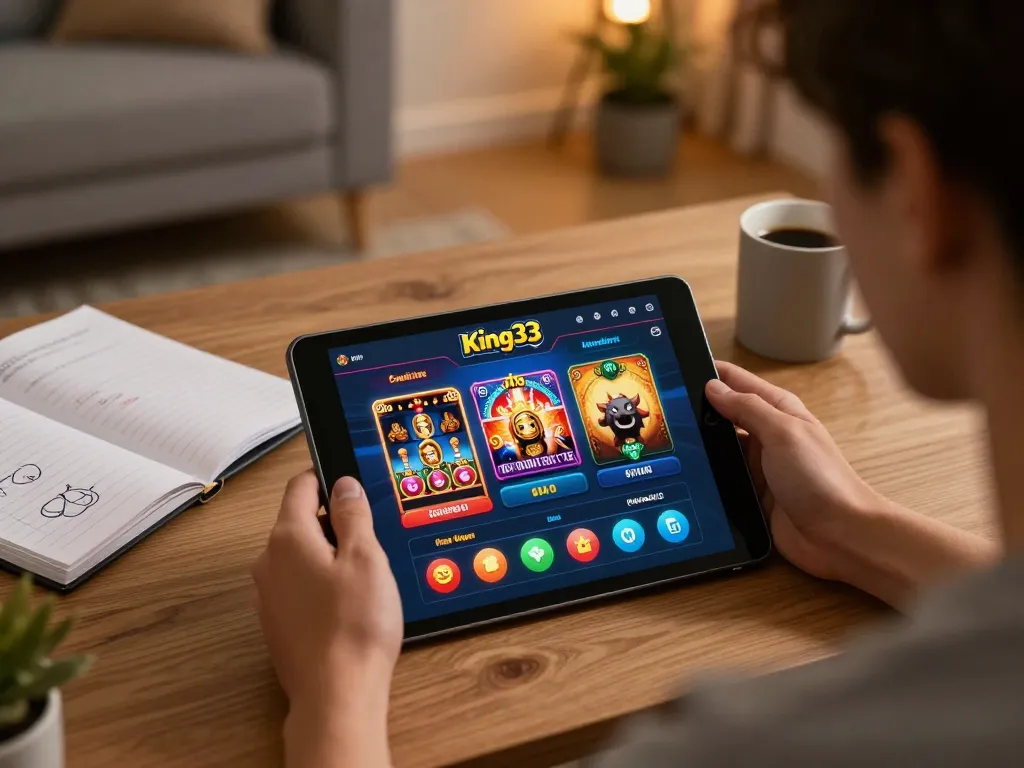 Player enjoying online gambling with king33 app on tablet at cozy home setup.