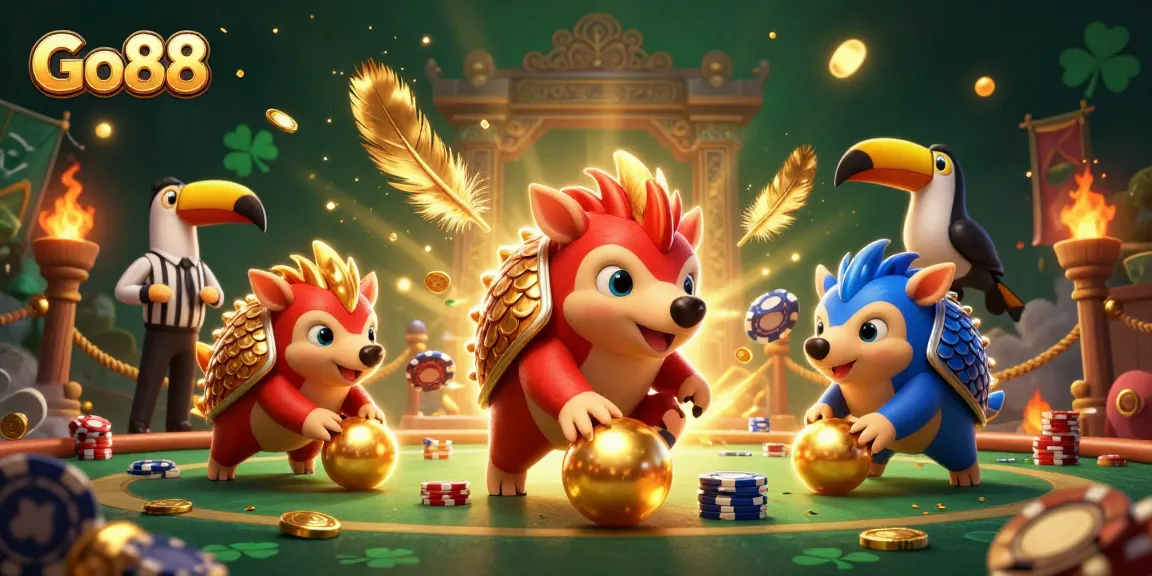 Compete in Go88 with rival pangolins bowling through poker chips in an action-packed casino scene.