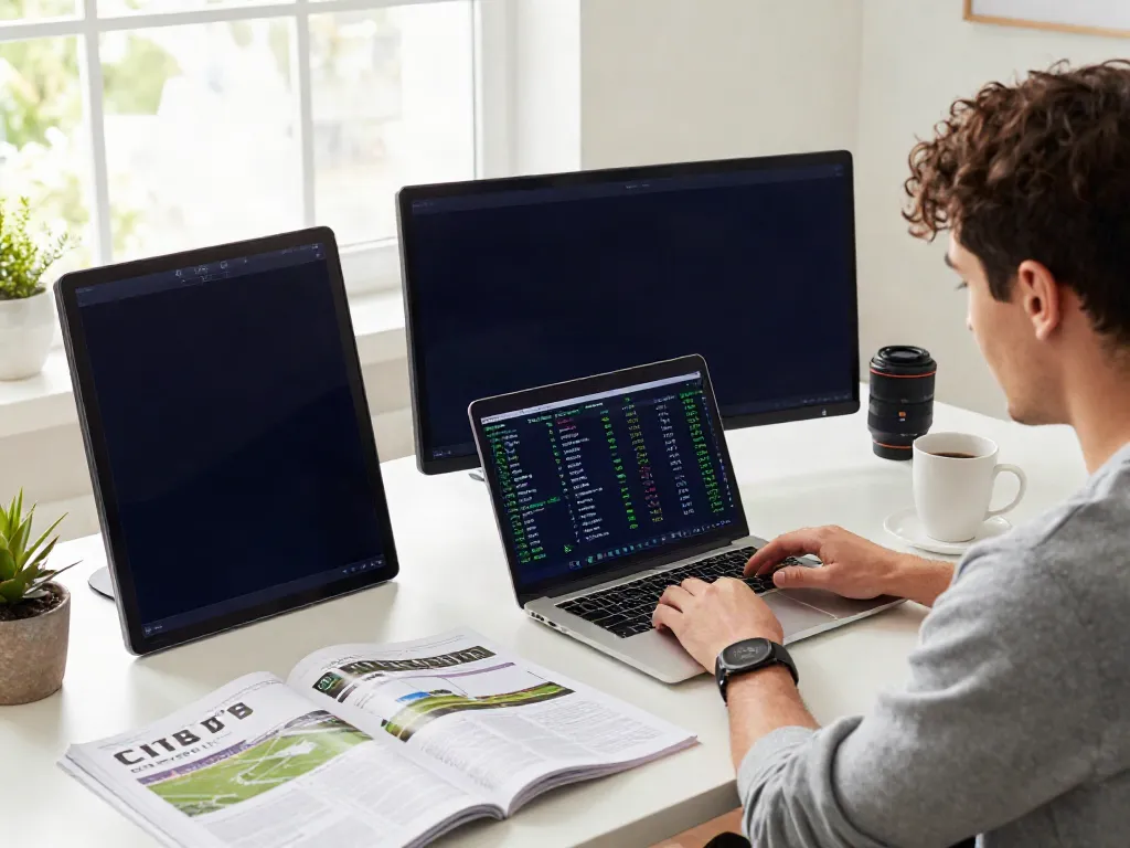 Engaged bettor analyzing odds and statistics in the Statymu Zona.