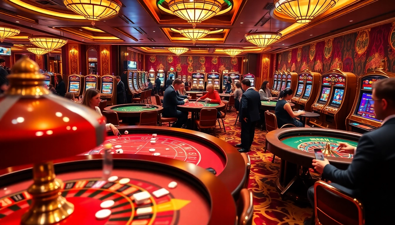 Exciting casino atmosphere showcasing players at tables and slots, featuring nhà cái m88 elements, illustrating thrilling gambling action.