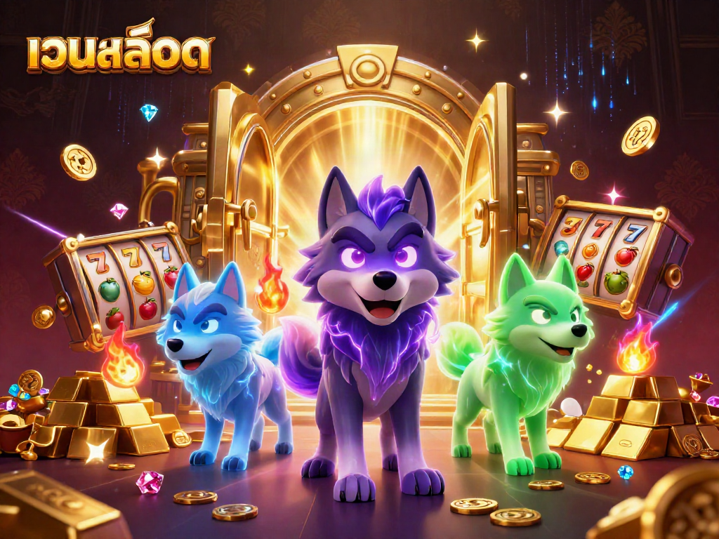 Spin and win with เว็บสล็อต featuring dynamic 3D wolves amidst golden treasures and slot elements.