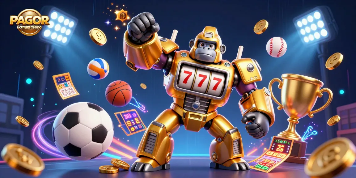 PAGCOR licensed casino transforms excitement with a golden gorilla mech amid vibrant sports elements.