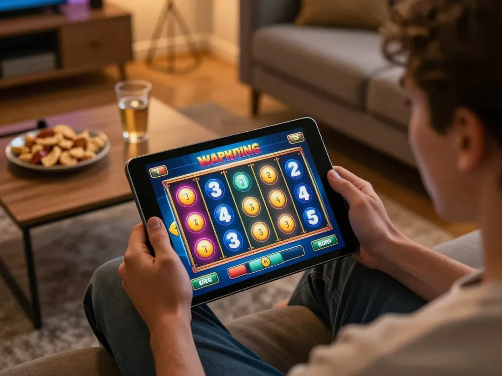 Engaging in Demo Slot Pragmatic game on a tablet with colorful reels in a cozy setting.