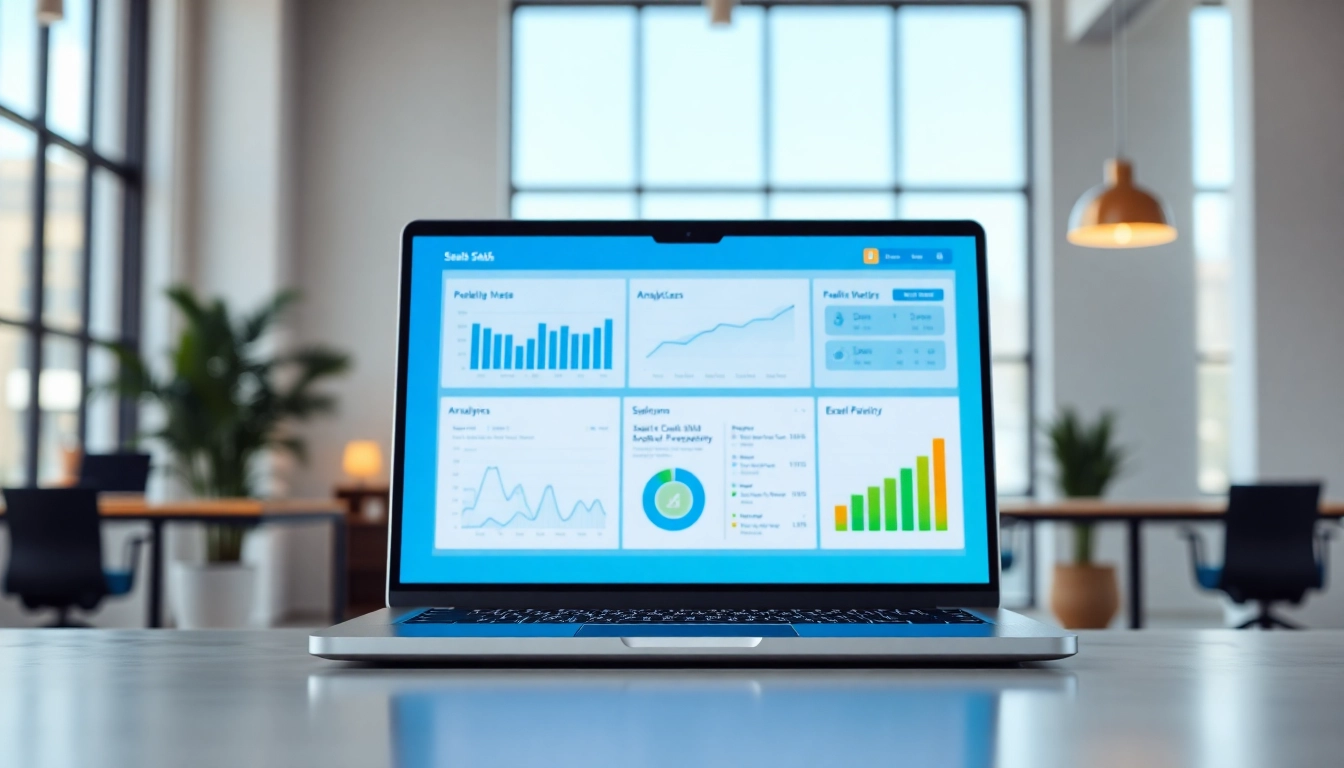Showcasing SaaS interface on a laptop surrounded by a modern workspace with natural lighting.