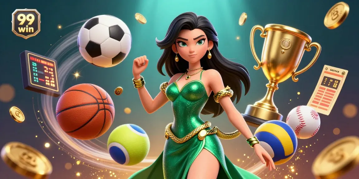 Experience the excitement of 99 win with a vibrant 3D casino scene filled with dynamic sports elements and golden treasures.