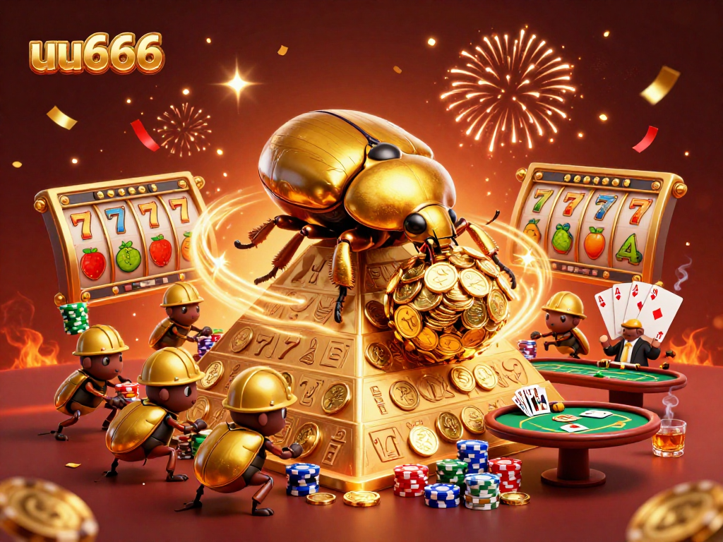 Experience thrilling gameplay at uu666 with golden dung beetles rolling coins and vibrant casino elements.