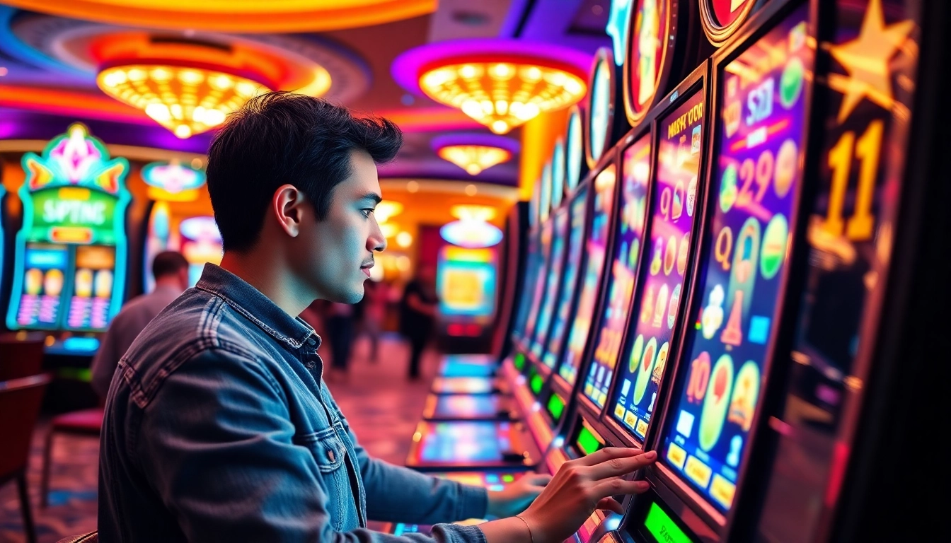 Experience excitement at situs slot rtp tinggi with vibrant slot machines glowing in a bustling casino.