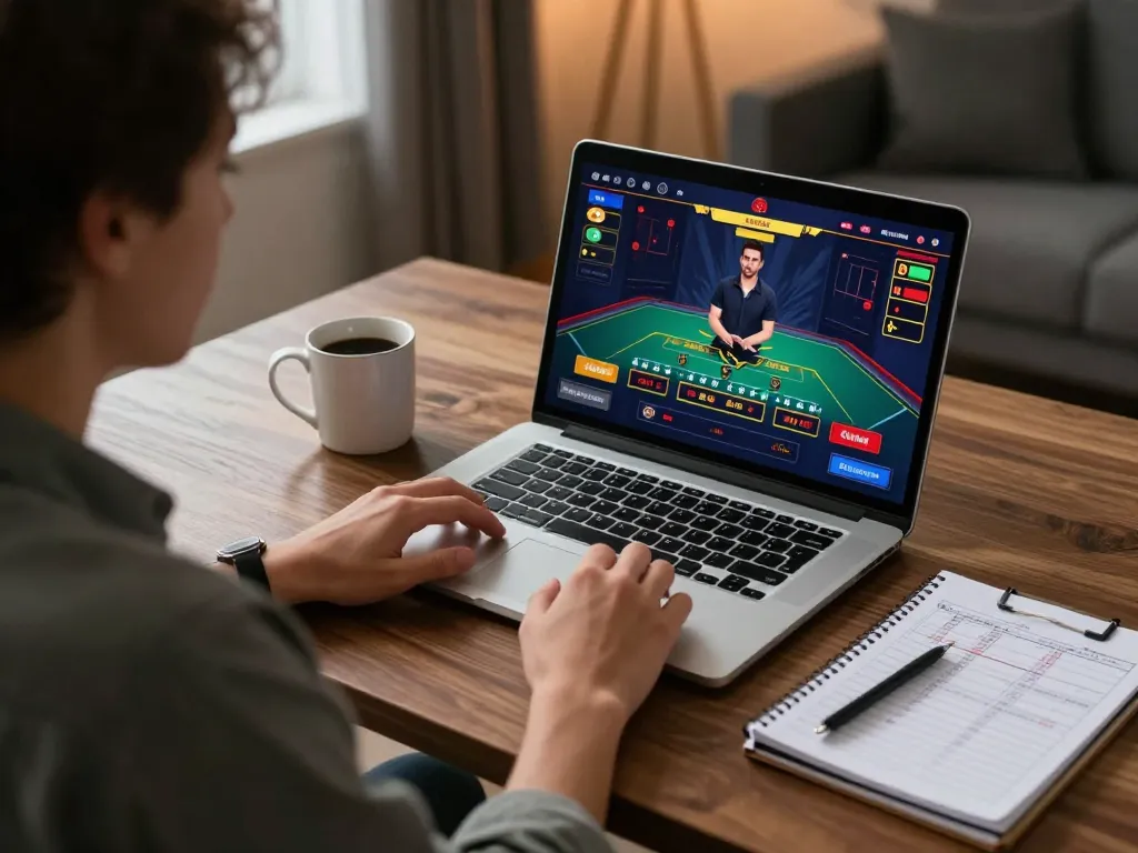 Lô đề online session with a player enjoying live dealer games on a laptop at home, showcasing strategic gaming environment.