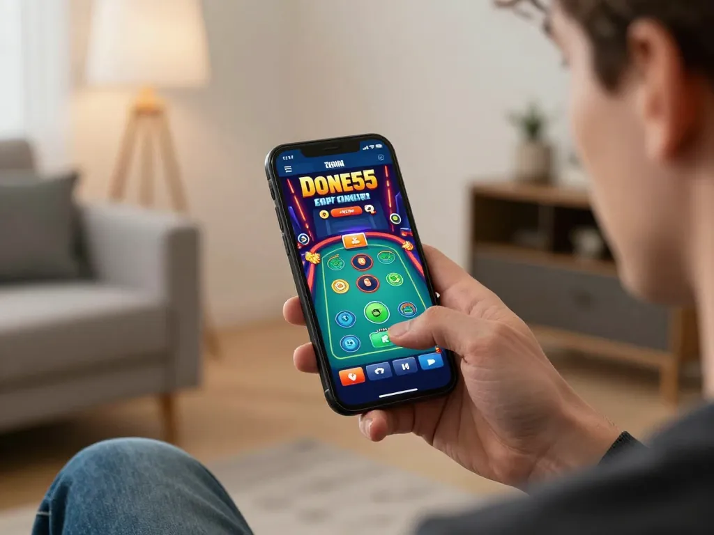 Player enjoying the Done55 app on smartphone in a cozy home setting while playing live casino games.