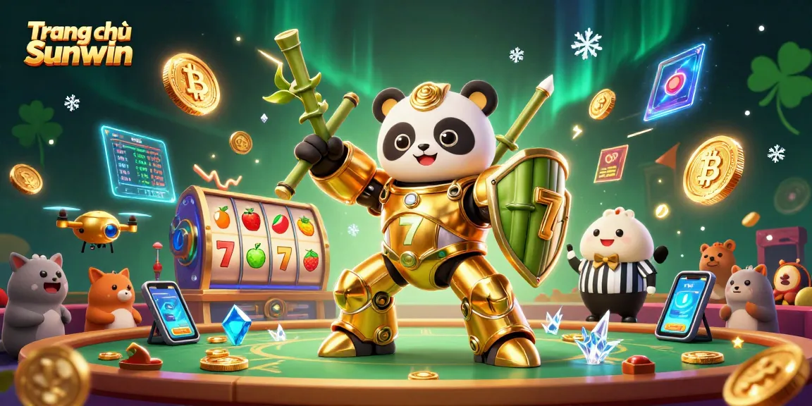 Engage in thrilling games at Trang chủ Sunwin, where a golden panda pilot in a bamboo robot battles with vibrant slot elements.