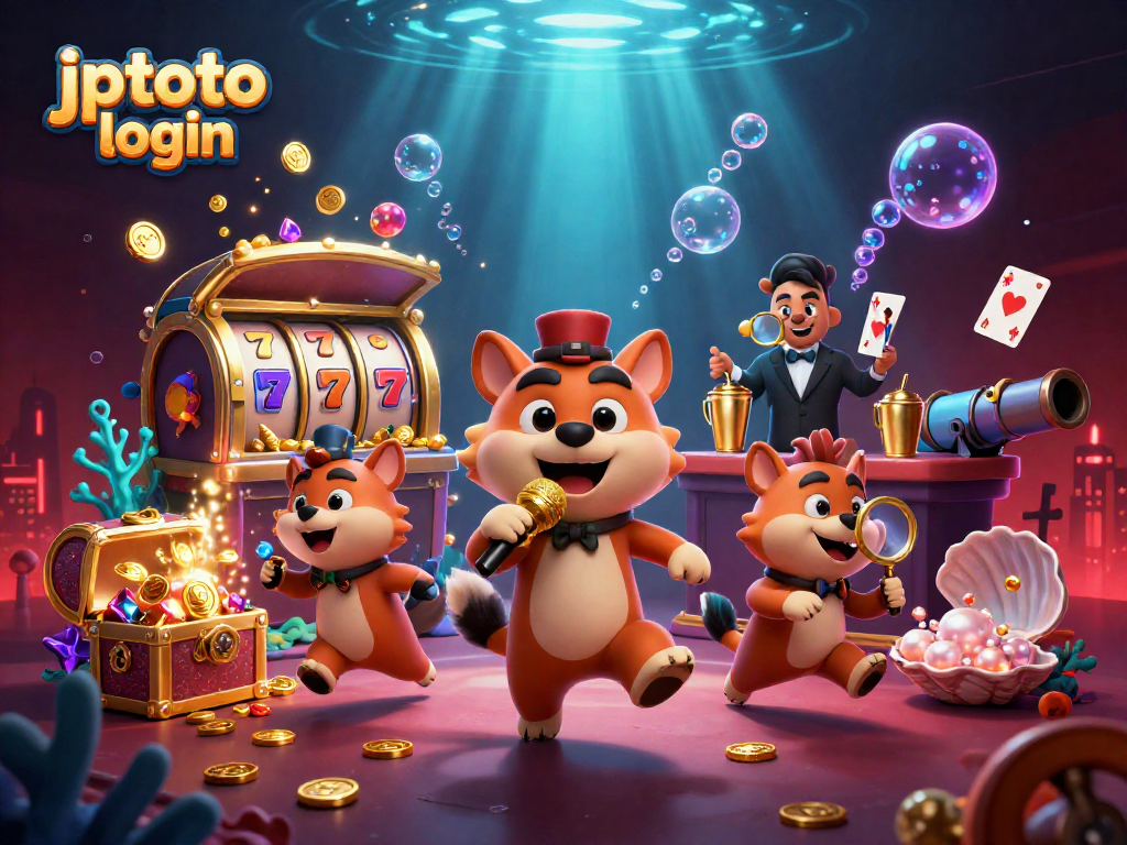 Experience excitement with jptoto login in a packed 3D casino illustration featuring cartoon hyenas in a comedy club.