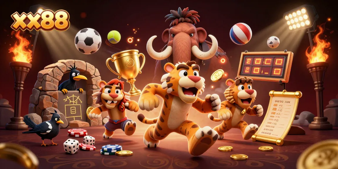 xx88 sports betting scene with caveman and sabertooth tiger in a vibrant casino atmosphere