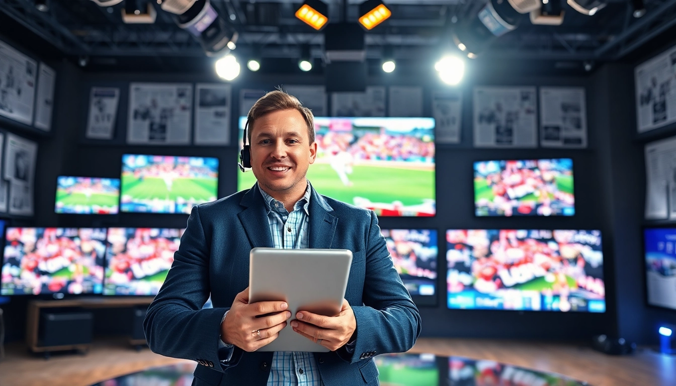 Engaging sports broadcasting studio with an anchor reporting live featuring vibrant screens.