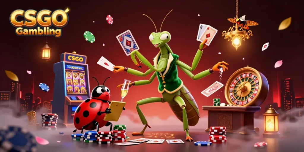 CSGO Gambling scene with a giant praying mantis card sharp, ladybug pit boss, and vibrant casino elements.
