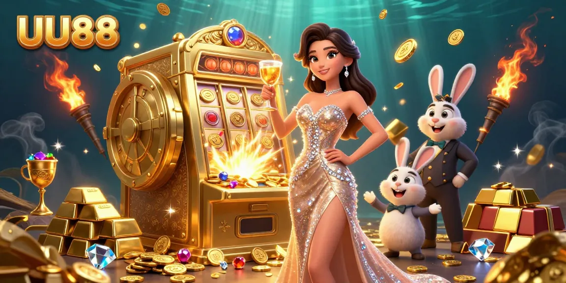 Play exciting games at UU88 with a glamorous woman celebrating beside a jackpot slot machine.
