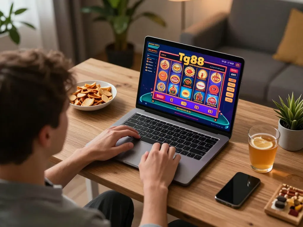 Engaging online gaming session at tg88 with colorful slots displayed on laptop.