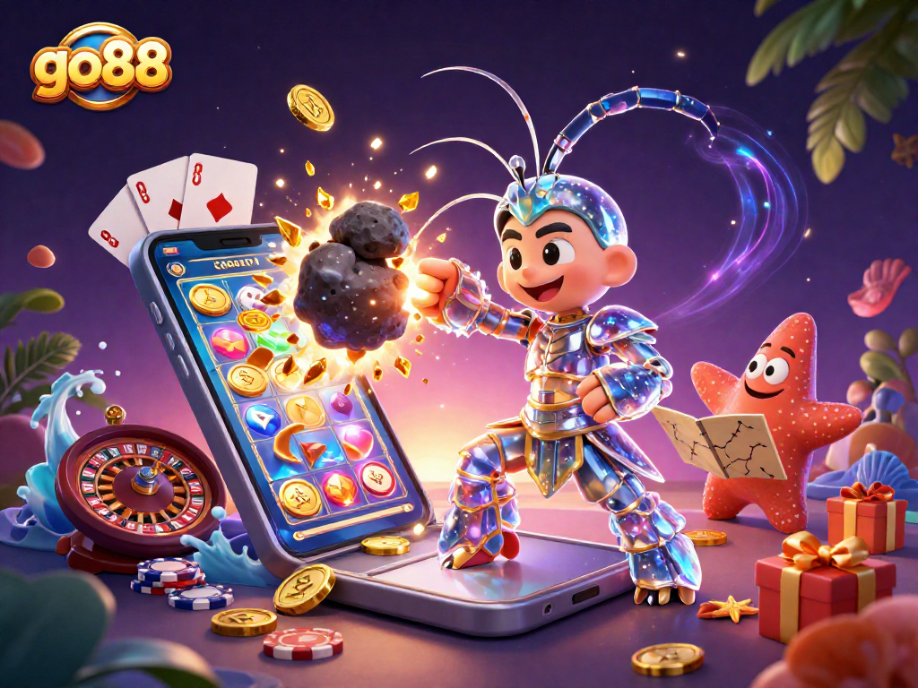 Engage with go88 casino action featuring a galactic samurai shrimp amidst slot games and treasures.