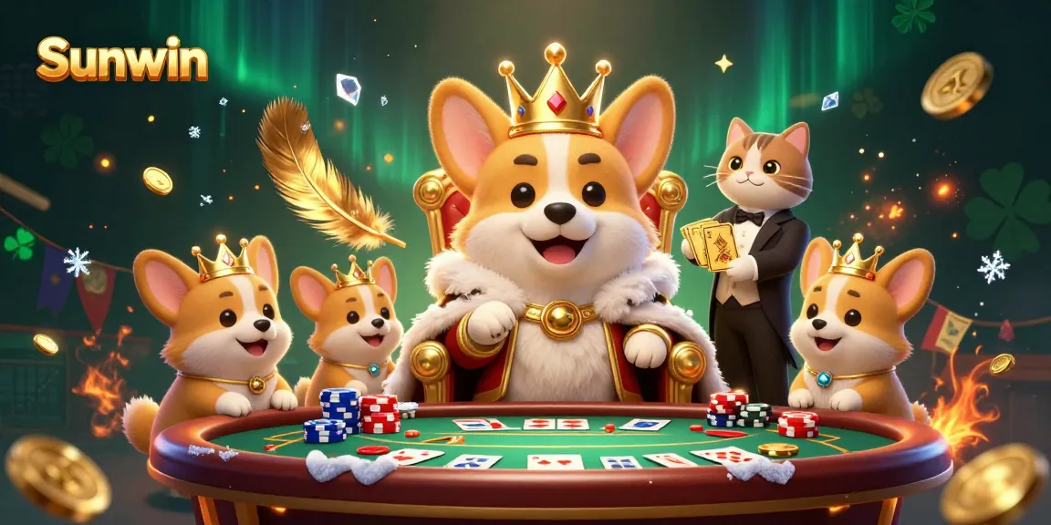 Experience the excitement of Sunwin with royal corgis in a vibrant casino scene.