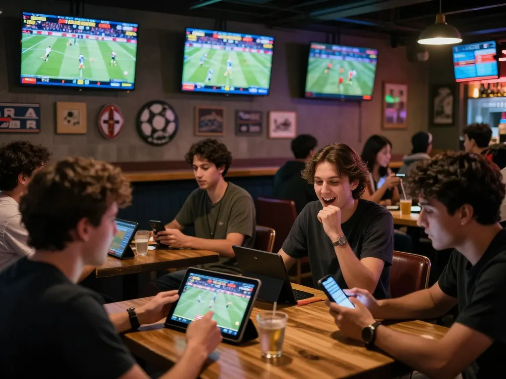 Engaged bettors placing bets at N188 live sports betting screens in a lively bar atmosphere