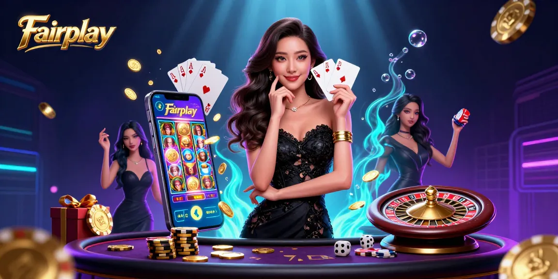 Enjoy thrilling Fairplay slots with dynamic casino elements and an elegant woman holding playing cards.