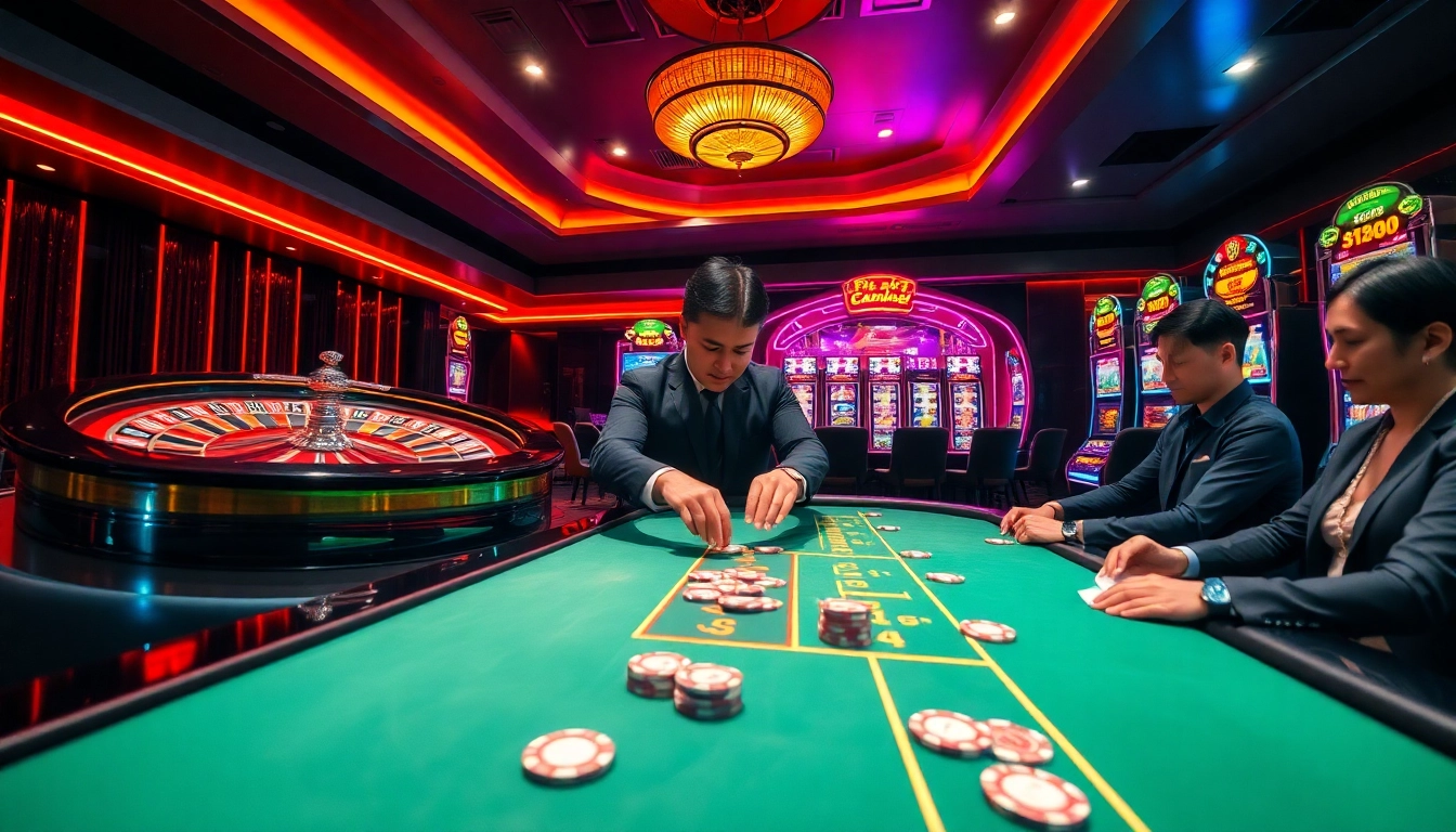 Exciting casino action at https://mm888.media/ with roulette wheel, poker game, and vibrant slot machines.