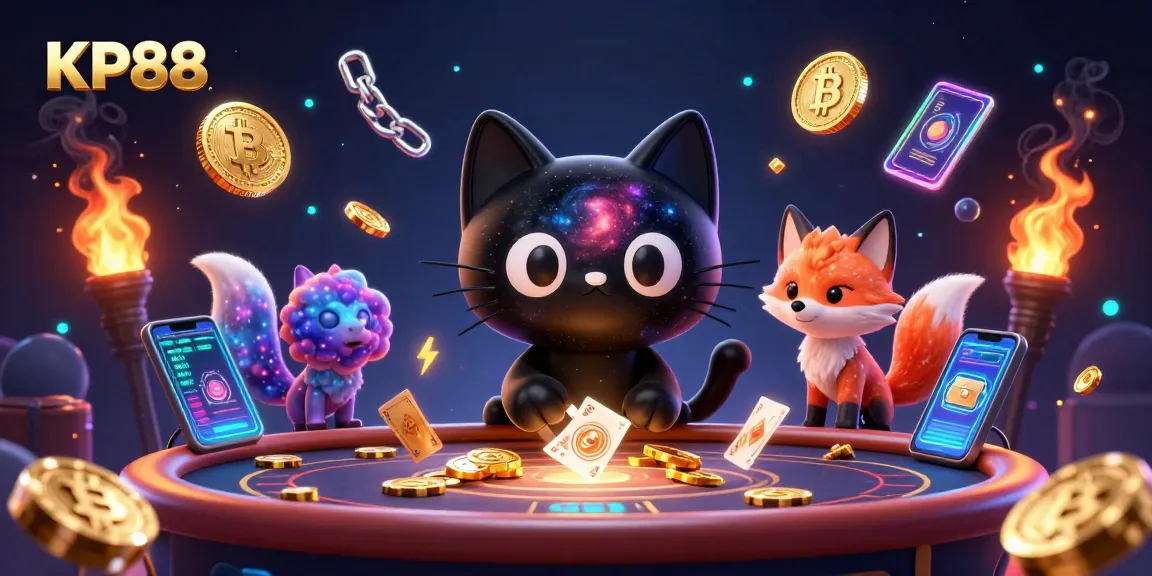 Engage with KP88 at a cosmic casino table as a black hole cat draws in golden chips and cards.