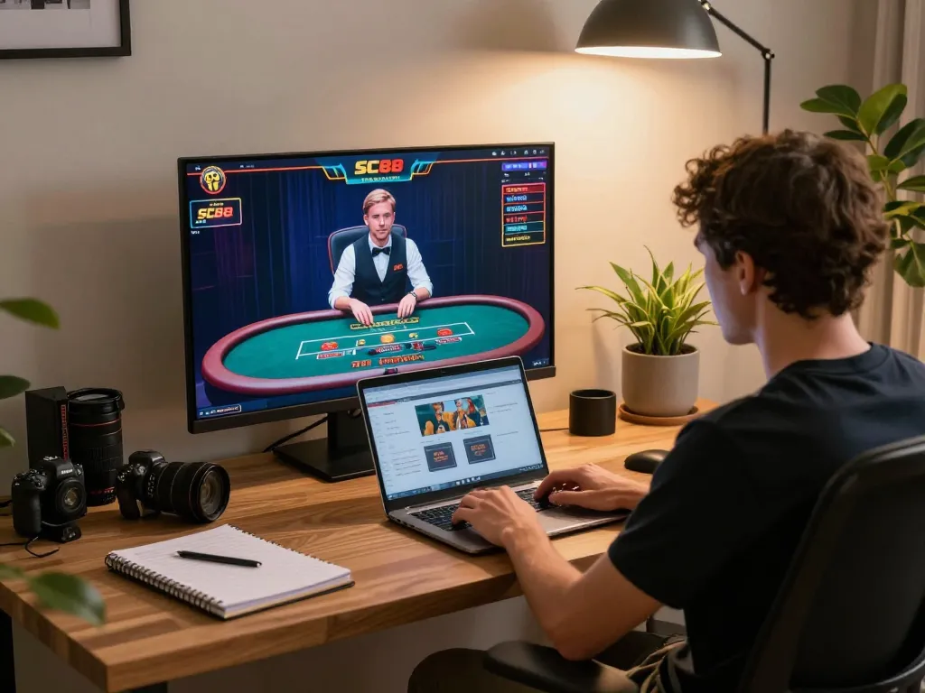 Enjoying online gaming at SC88 with a laptop, live dealer interface, and strategy notes