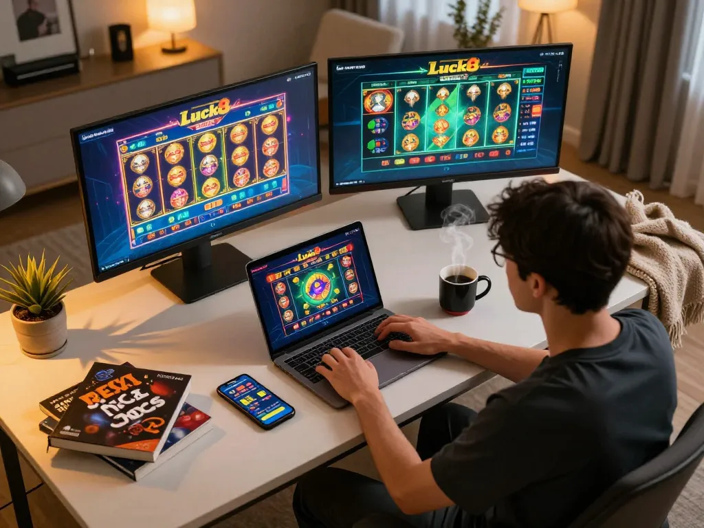 Engaged user exploring various games on Luck8 trang chủ in a cozy home setup