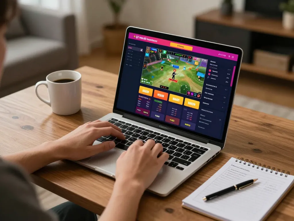 Engaging with 23vn23 online gambling setup showcasing live games, laptop screen, and cozy atmosphere