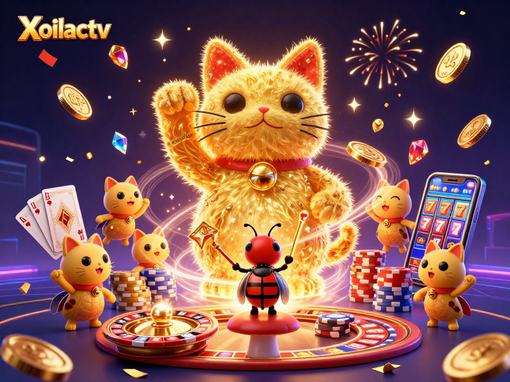 Xoilactv showcases a vibrant 3D scene with dynamic casino symbols, fireflies, and intricate details.