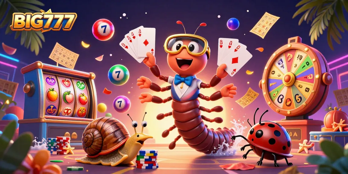 Experience the thrill of BIG777 with an engaging 3D casino illustration featuring a millipede dealer and vibrant game elements.