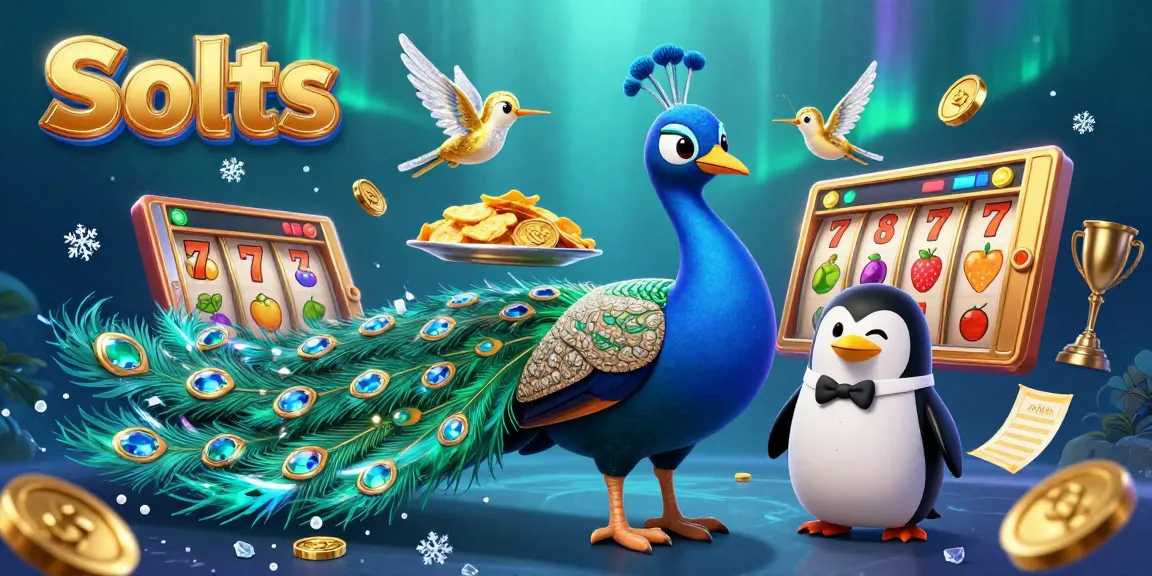 Engage with exciting Slots as a peacock displays gems, alongside a penguin with golden chips in a vibrant casino scene.