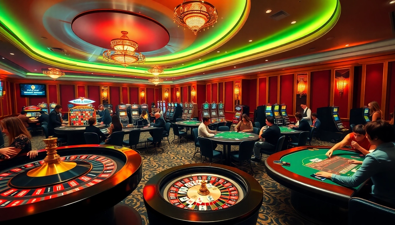 Exciting casino scene showcasing diverse players winning at slot machines at https://bem88i.com/.